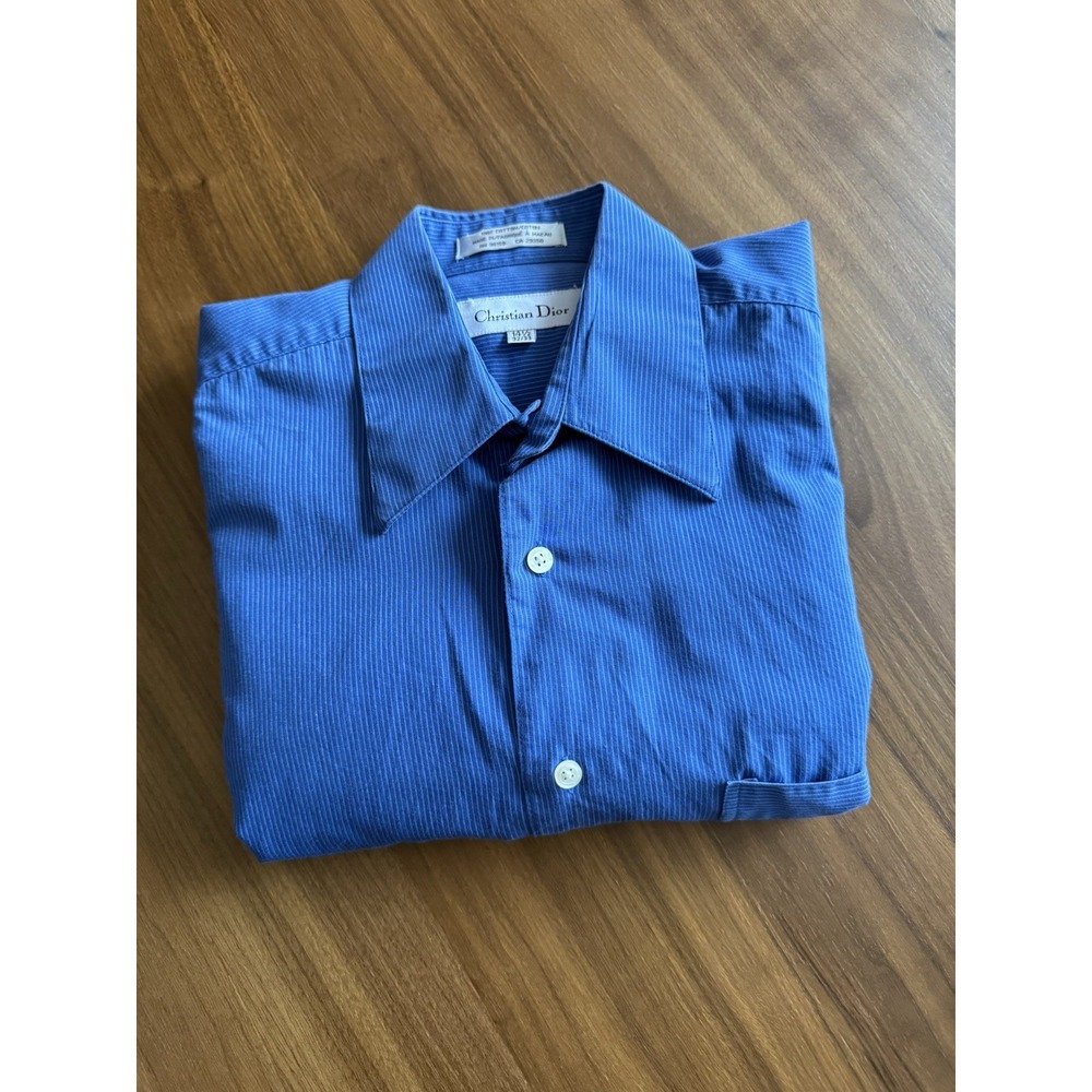 Vintage Christian Dior Men's 14.5 32/33 Blue Pinstripe Long Sleeve Dress Shirt